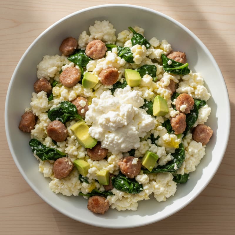 Egg White and Turkey Sausage Scramble with Spinach and Cottage Cheese