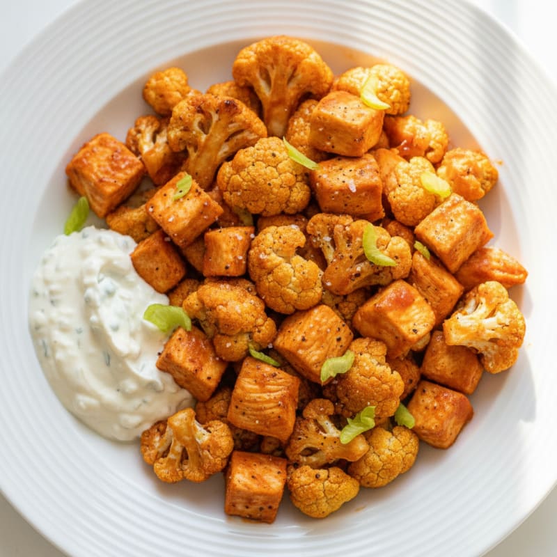 Buffalo Roasted Cauliflower with Blue Cheese Dip