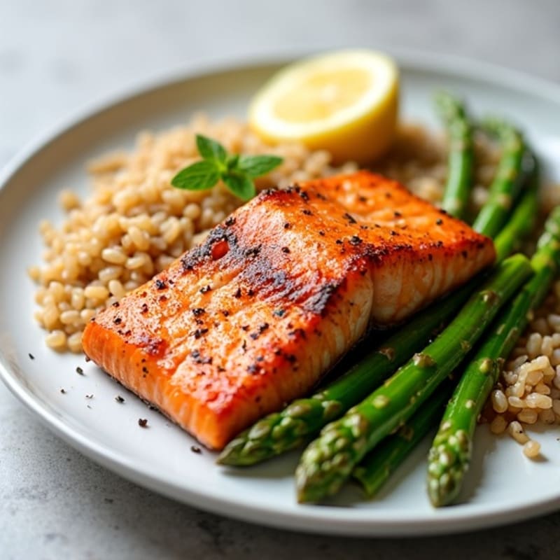 Seared Salmon with Steamed Asparagus and Brown Rice