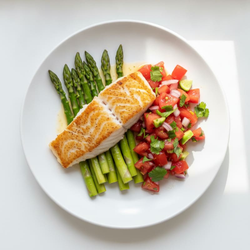 Seared Cod with Steamed Asparagus and Fresh Tomato Salsa