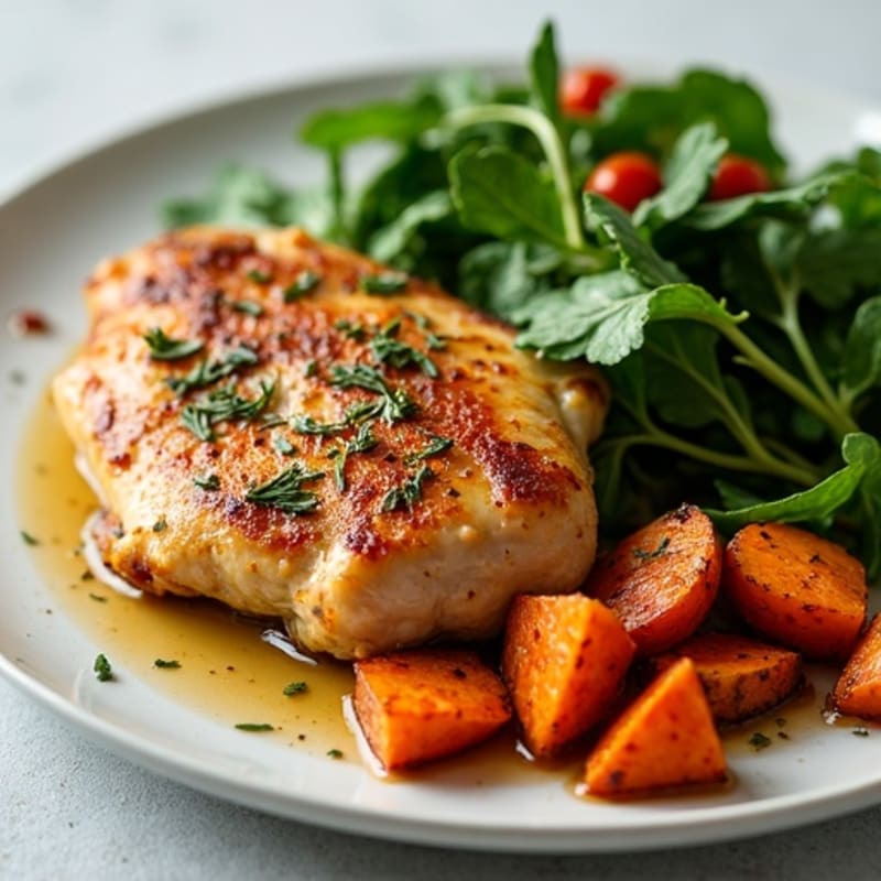 Herb-Roasted Chicken with Crispy Sweet Potatoes and Sautéed Greens