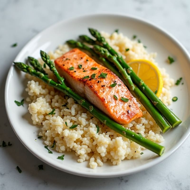 Seared Salmon with Steamed Asparagus and Cauliflower Rice