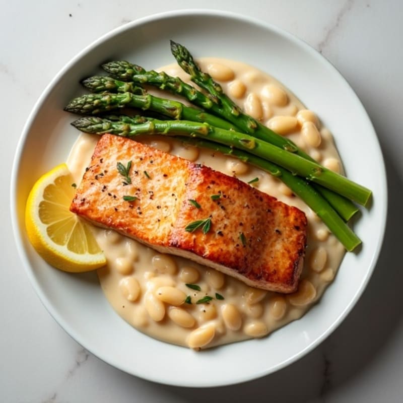 Seared Salmon Fillet with Creamy White Bean Mash and Steamed Asparagus