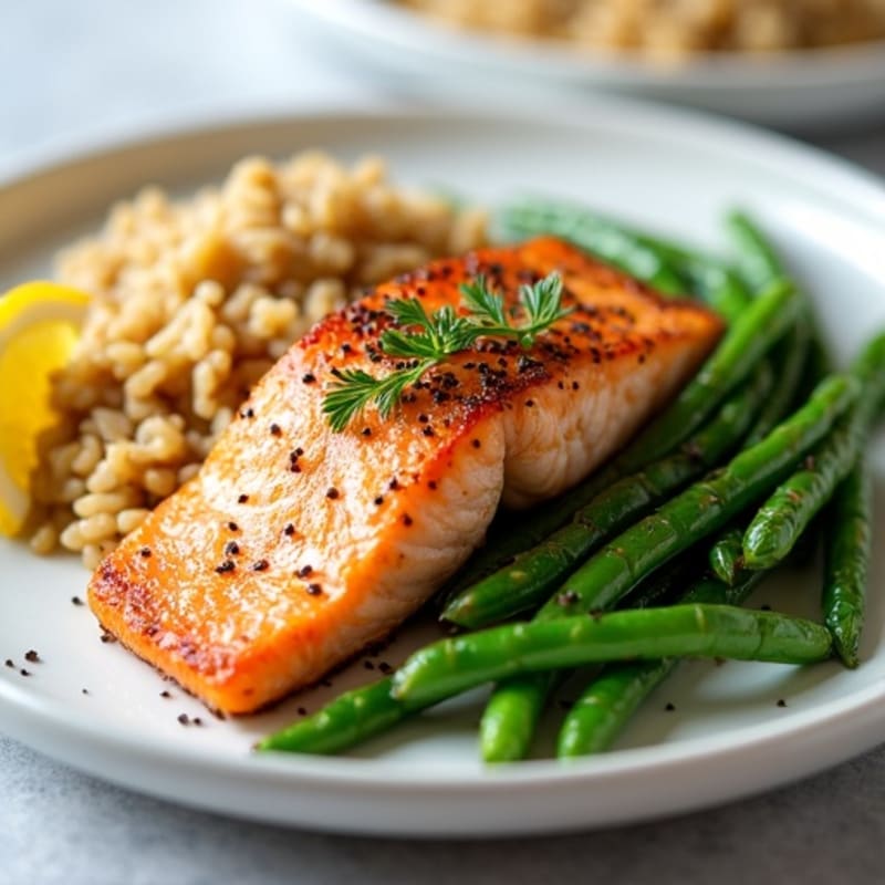 Seared Salmon with Garlic Green Beans and Brown Rice