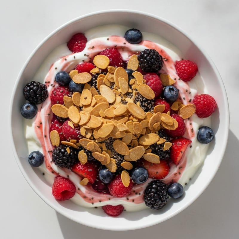 Greek Yogurt Protein Parfait with Mixed Berries and Almonds
