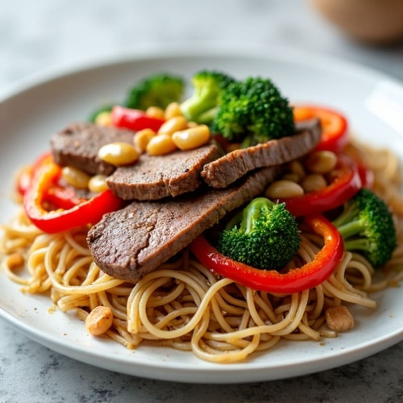 Ginger-Garlic Beef Stir-Fry with Brown Rice Noodles