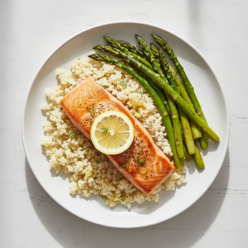 Seared Salmon Fillet with Roasted Asparagus and Cauliflower Rice