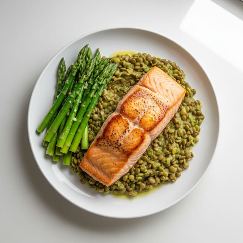Seared Salmon with Steamed Asparagus and Lentil Mash