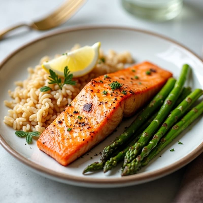 Seared Salmon Fillet with Steamed Asparagus and Brown Rice