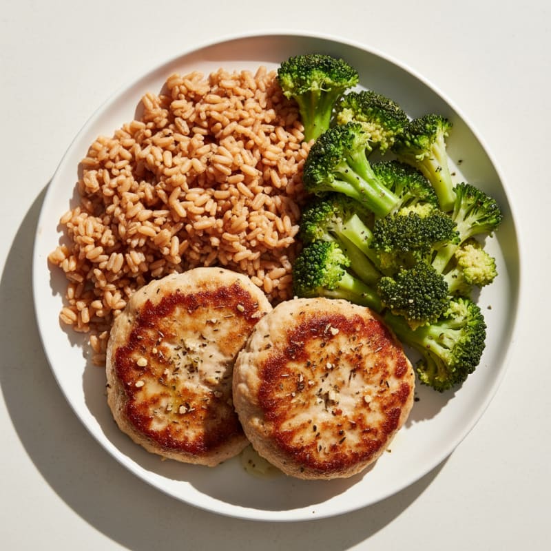 Seared Turkey Patties with Steamed Broccoli and Brown Rice