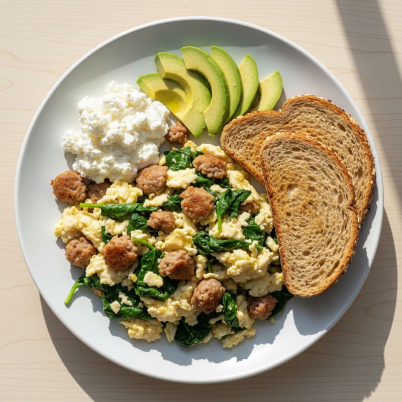 Egg White and Turkey Sausage Scramble with Cottage Cheese and Spinach