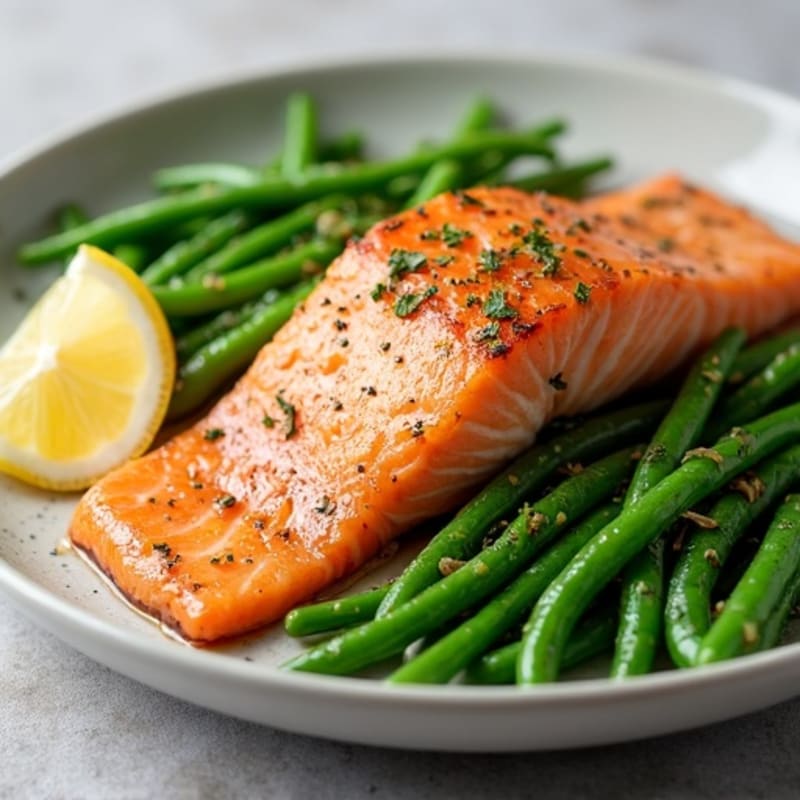 Flaky Baked Salmon with Garlic Roasted Green Beans