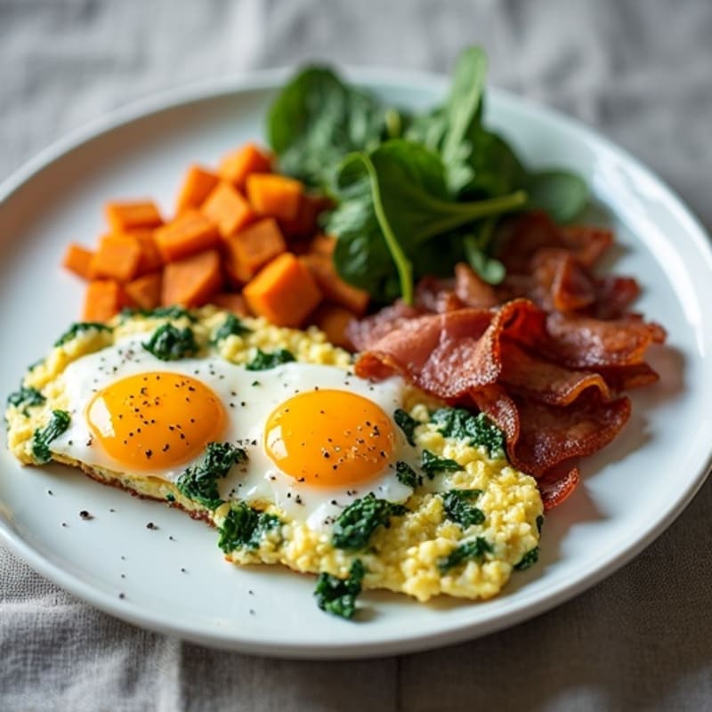 Crispy Turkey Bacon and Spinach Egg Scramble with Sweet Potato Hash
