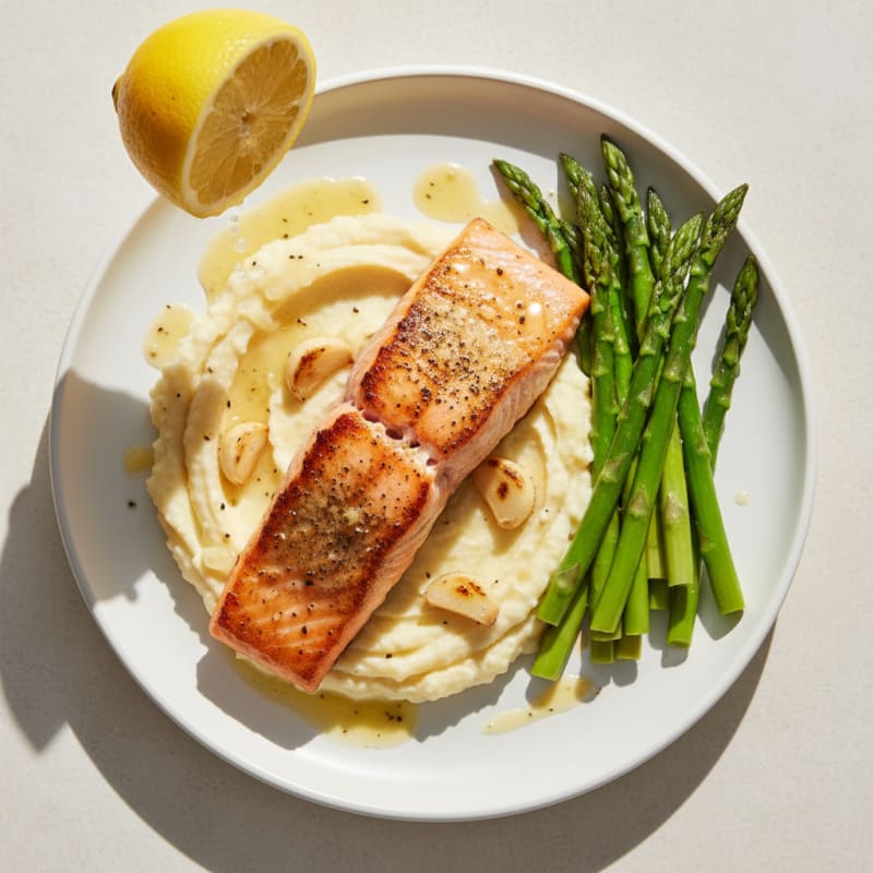 Seared Salmon with Steamed Asparagus and Cauliflower Mash
