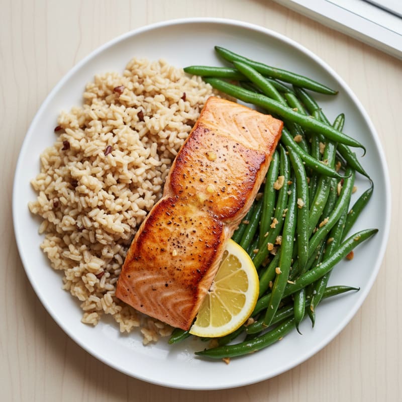 Seared Salmon with Garlic Green Beans and Brown Rice