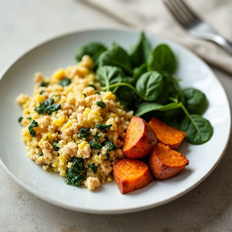 Egg White and Turkey Spinach Scramble with Roasted Sweet Potato