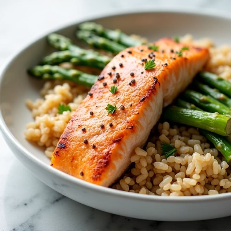 Seared Salmon with Steamed Asparagus and Brown Rice