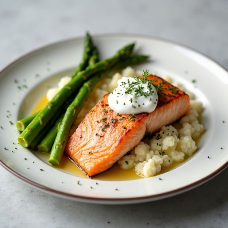 Seared Salmon with Roasted Asparagus and Cauliflower Mash