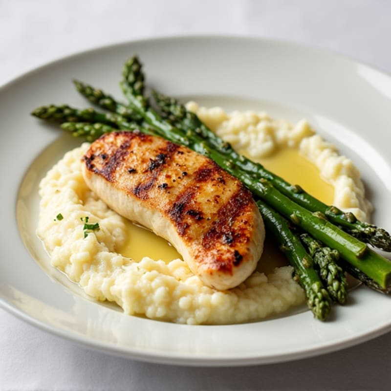 Seared Chicken Breast with Roasted Asparagus and Cauliflower Mash