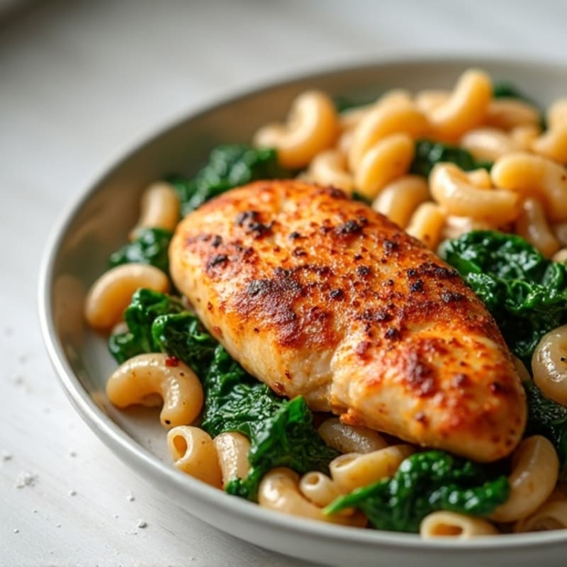 Spicy Paprika Chicken with Creamy Whole Wheat Pasta and Sautéed Greens