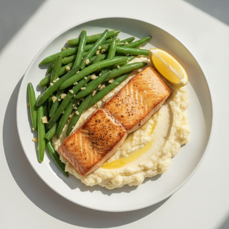 Seared Salmon with Garlic Green Beans and Cauliflower Mash