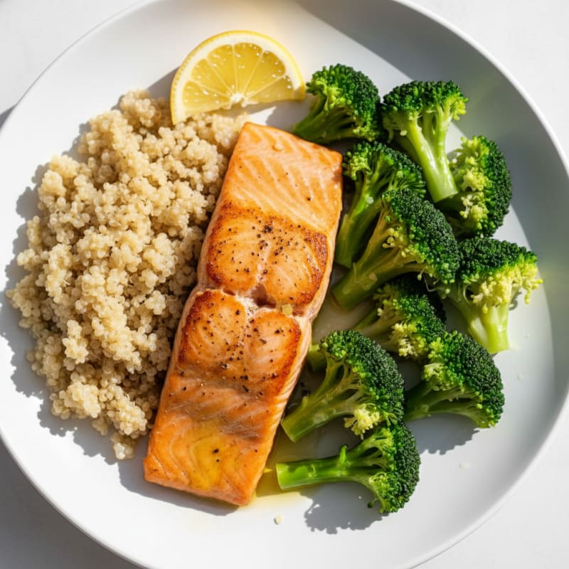 Seared Salmon Fillet with Steamed Broccoli and Quinoa