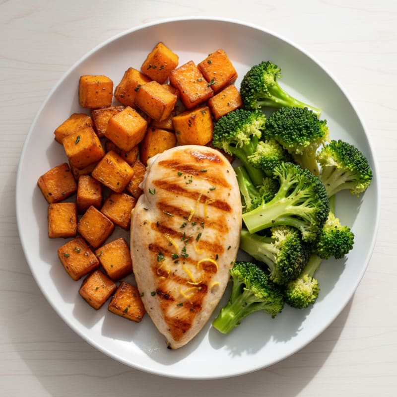 Grilled Chicken Breast with Roasted Sweet Potato and Steamed Broccoli