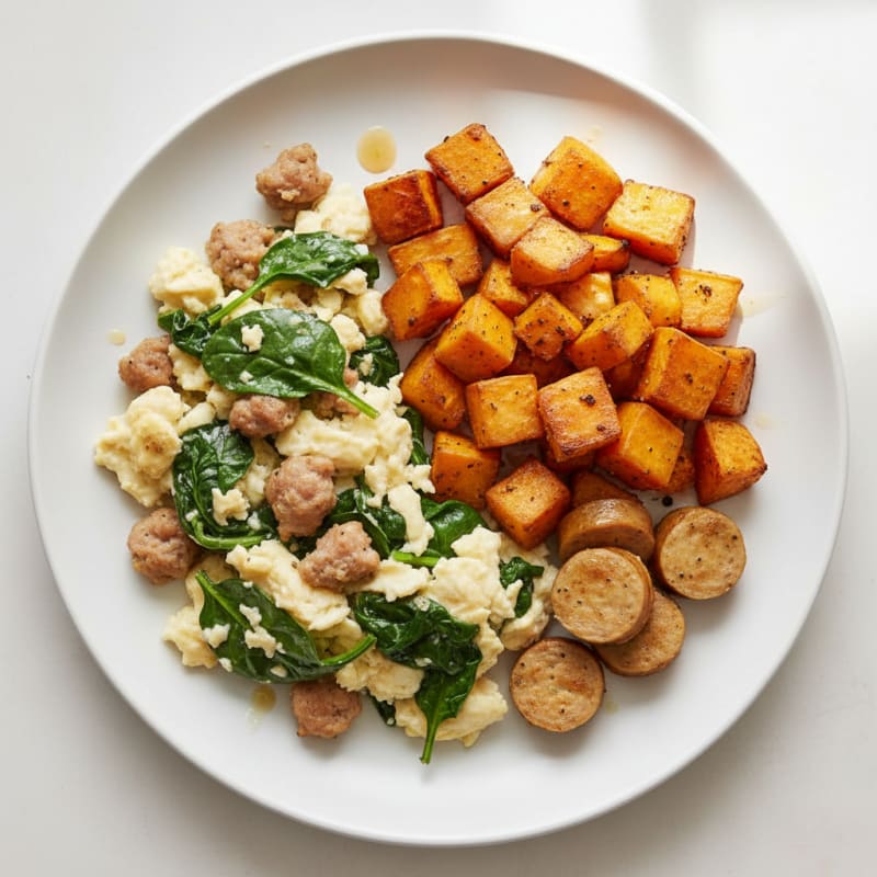 Egg White and Turkey Sausage Scramble with Spinach and Roasted Sweet Potatoes