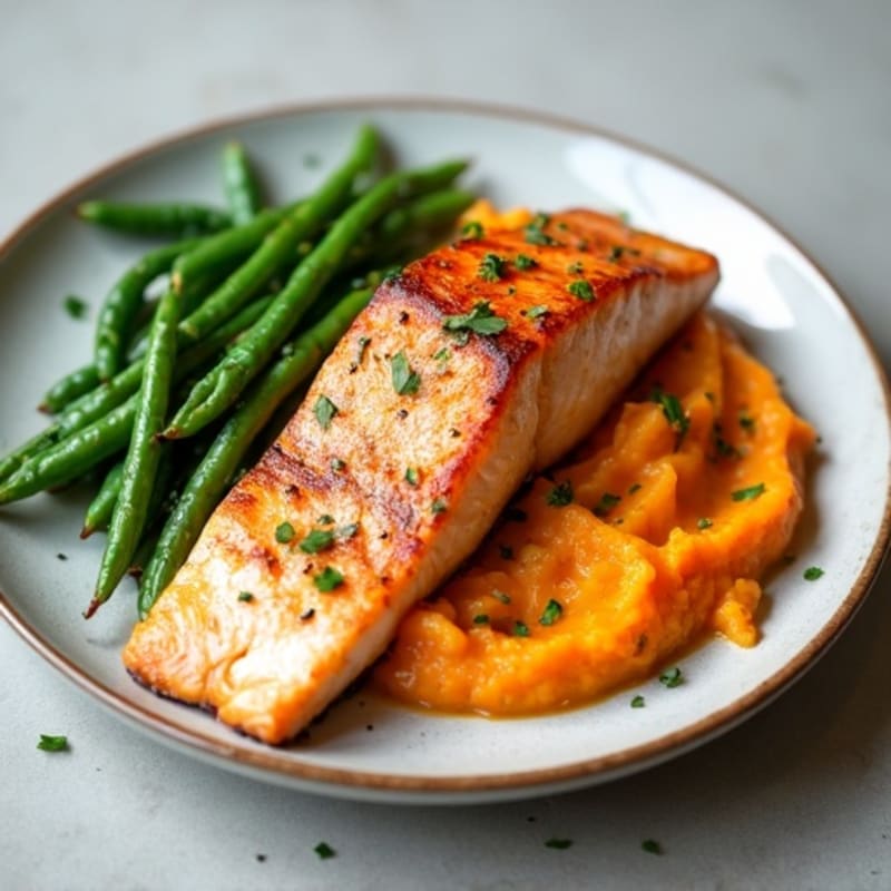 Seared Salmon Fillet with Garlic Green Beans and Sweet Potato Mash