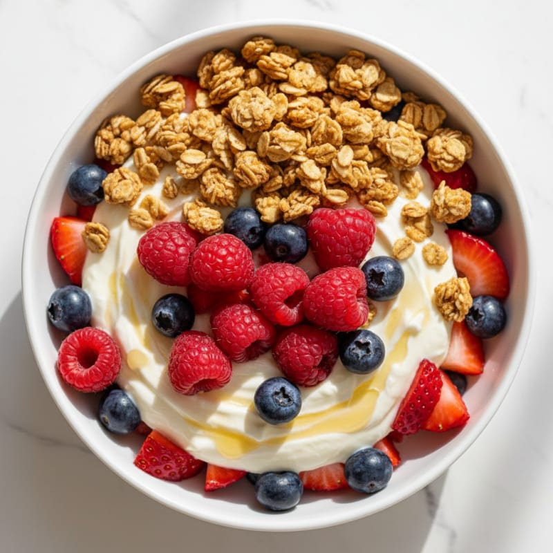 Vanilla Greek Yogurt Parfait with Protein Granola and Fresh Berries
