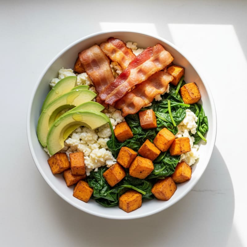 Crispy Turkey Bacon and Egg White Breakfast Bowl with Sautéed Spinach