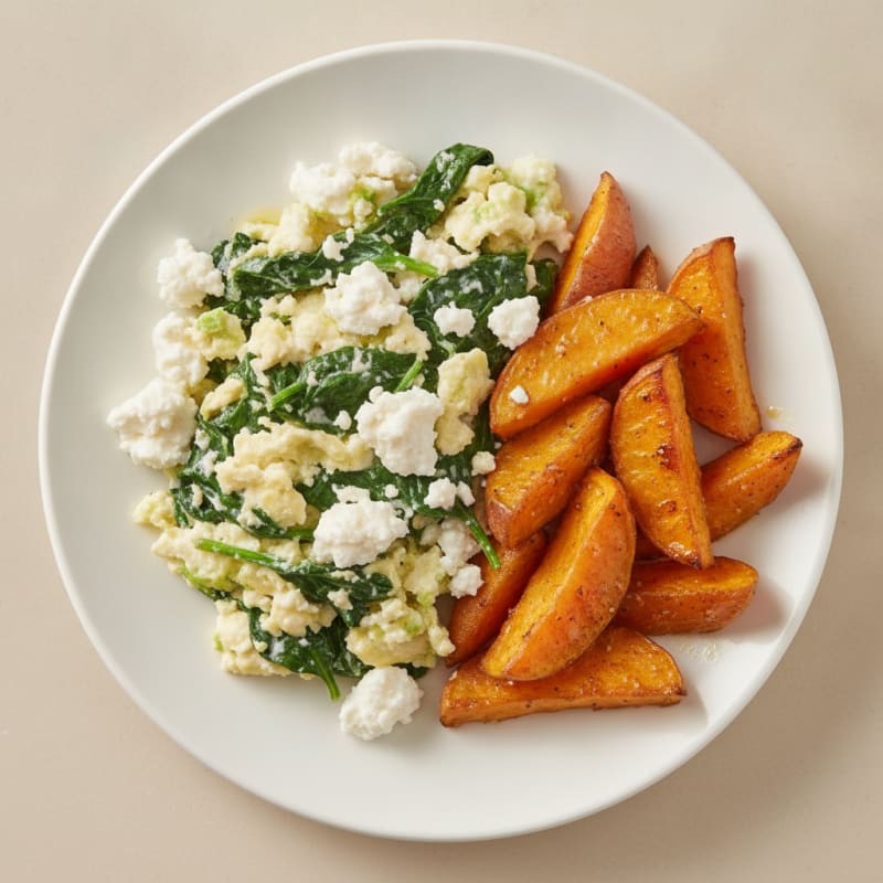 Egg White and Spinach Scramble with Cottage Cheese and Roasted Sweet Potatoes