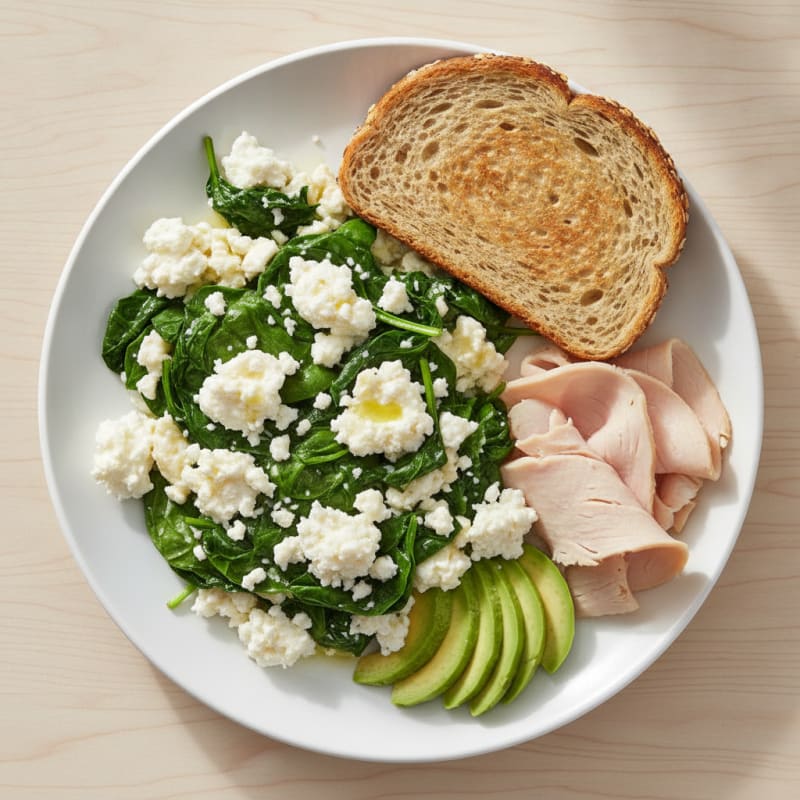 Egg White Spinach Scramble with Cottage Cheese and Sliced Turkey