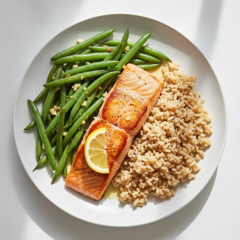 Seared Salmon with Garlic Green Beans and Brown Rice