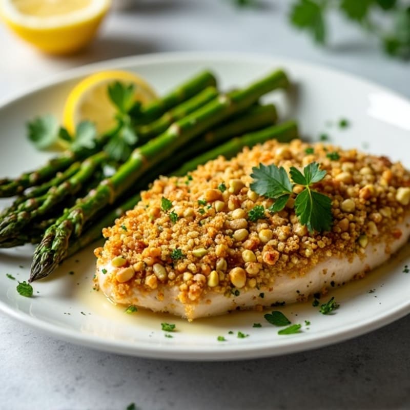 Crispy Pistachio-Crusted Chicken with Roasted Asparagus and Lemon-Herb Vinaigrette