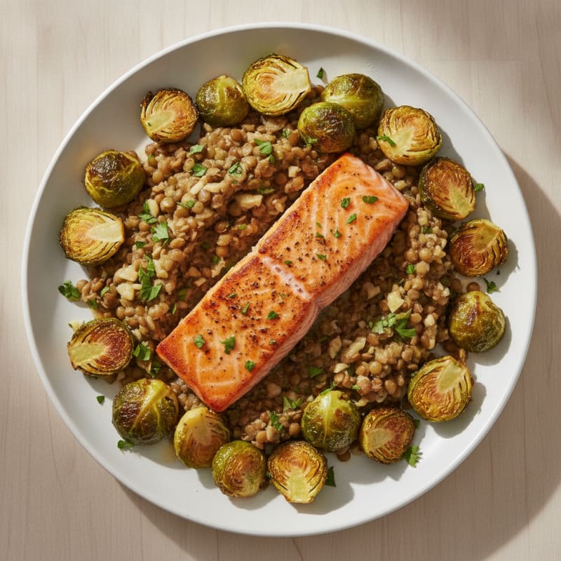 Seared Salmon with Garlic Roasted Brussels Sprouts and Lentil Mash