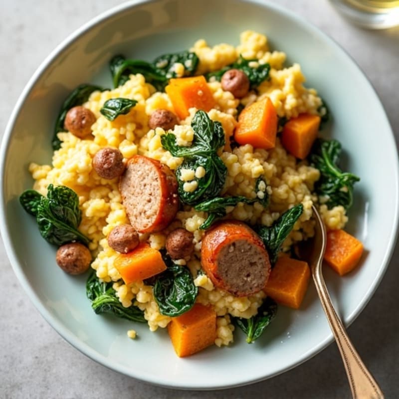 Egg White and Turkey Sausage Scramble with Spinach and Sweet Potato