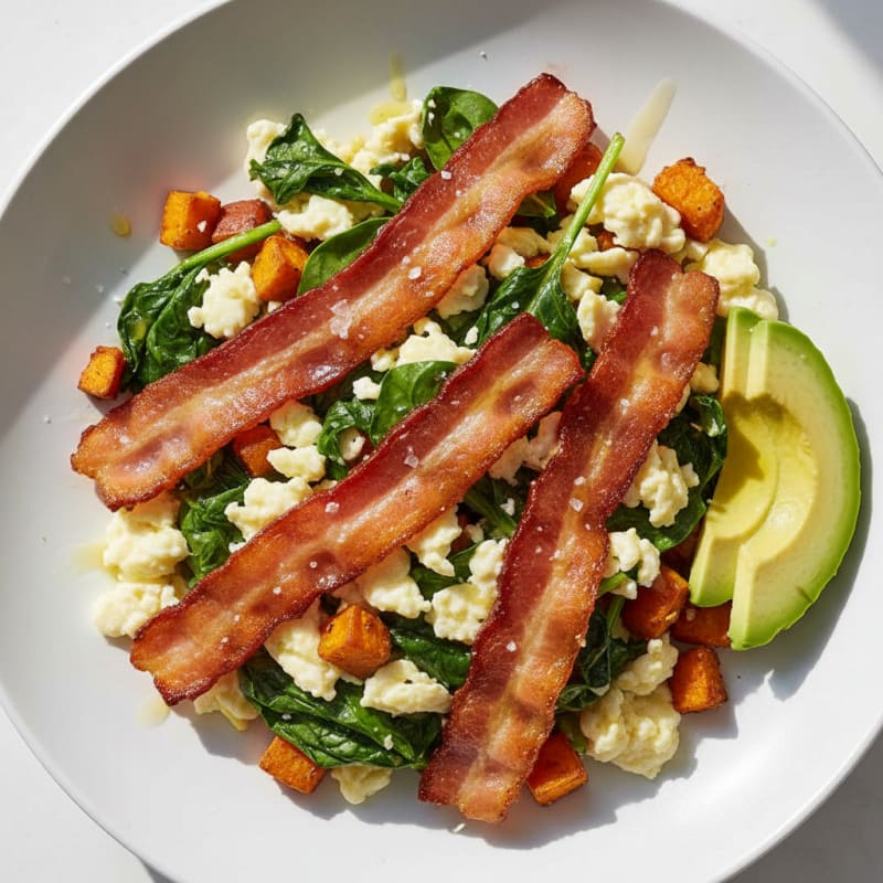 Crispy Turkey Bacon and Egg White Scramble with Spinach and Sweet Potato