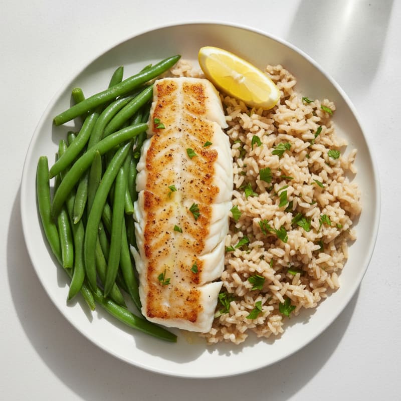 Seared White Fish with Herbed Rice and Steamed Green Beans