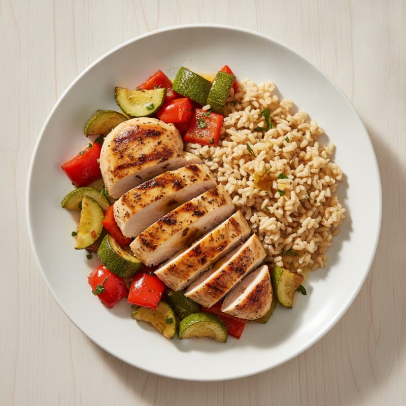 Grilled Chicken Breast with Roasted Vegetables and Brown Rice