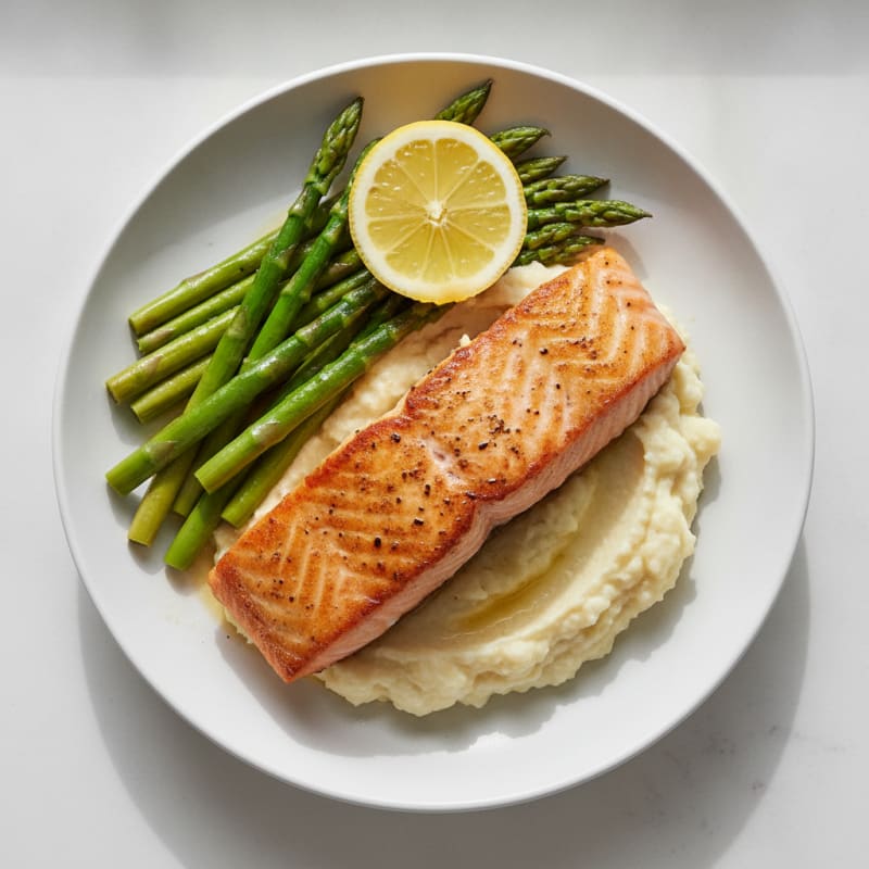 Pan-Seared Salmon with Steamed Asparagus and Cauliflower Mash