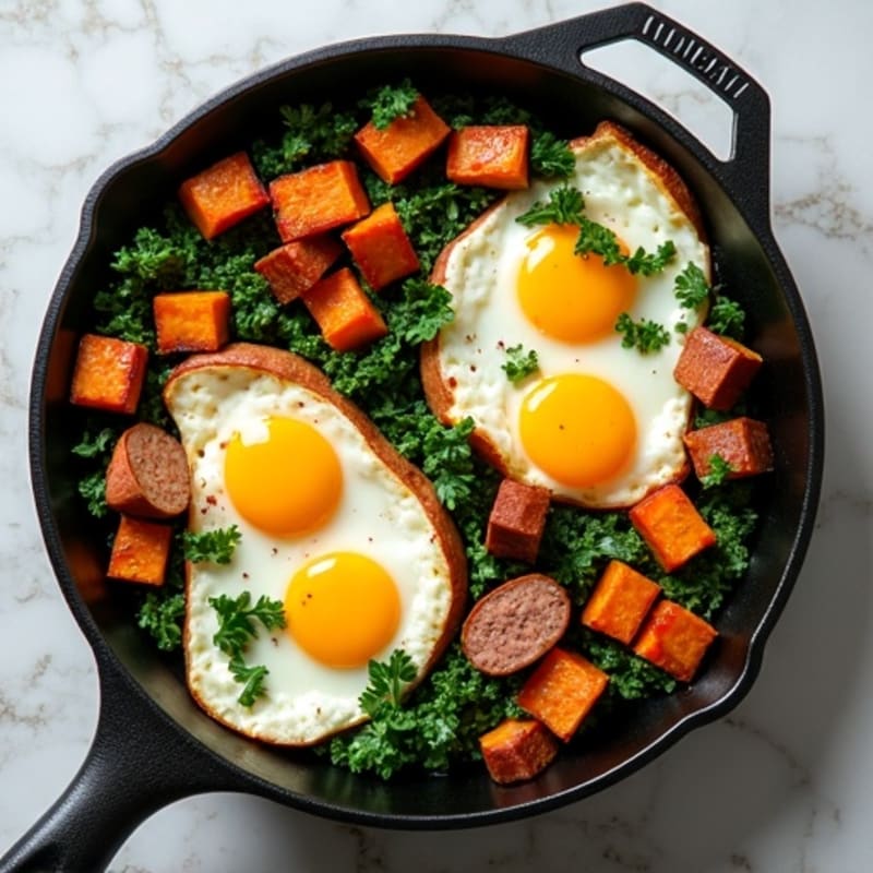 Sheet Pan Roasted Sweet Potato and Kale Egg Bake with Lean Chicken Sausage