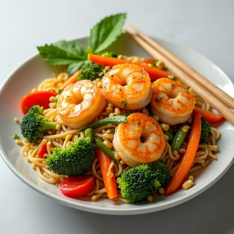 Shrimp Stir-Fry with Peanut-Lime Rice Noodles and Fresh Vegetables