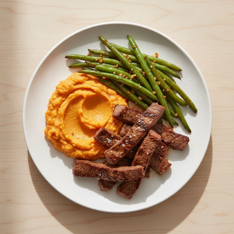 Seared Lean Beef Strips with Garlic Green Beans and Sweet Potato Mash