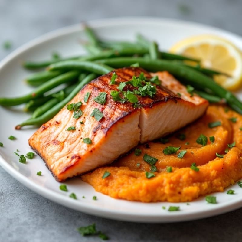 Seared Salmon Fillet with Garlic Green Beans and Sweet Potato Mash