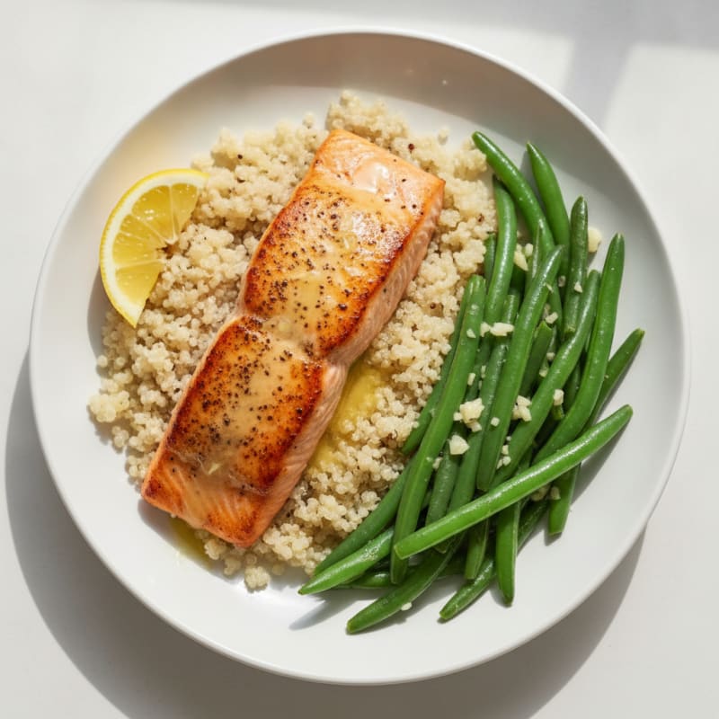 Seared Salmon with Garlic Green Beans and Quinoa