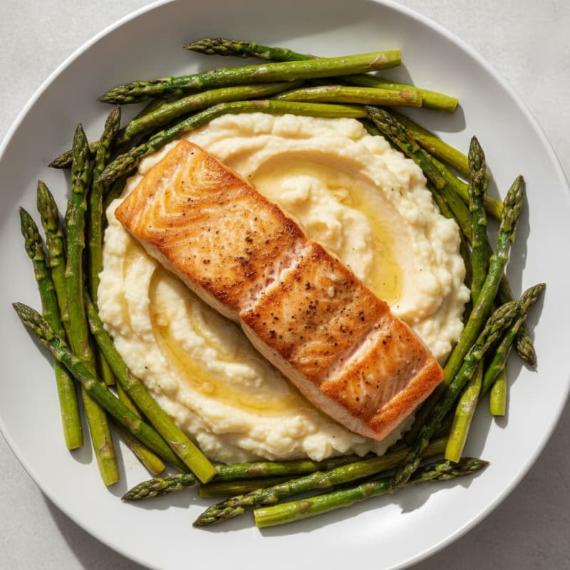 Seared Salmon with Roasted Asparagus and Cauliflower Mash