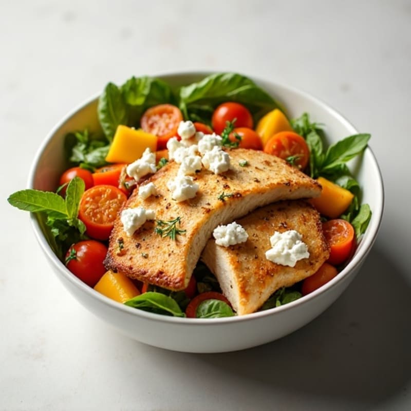 Grilled Chicken and Roasted Vegetable Bowl with Soft Cheese Crumble