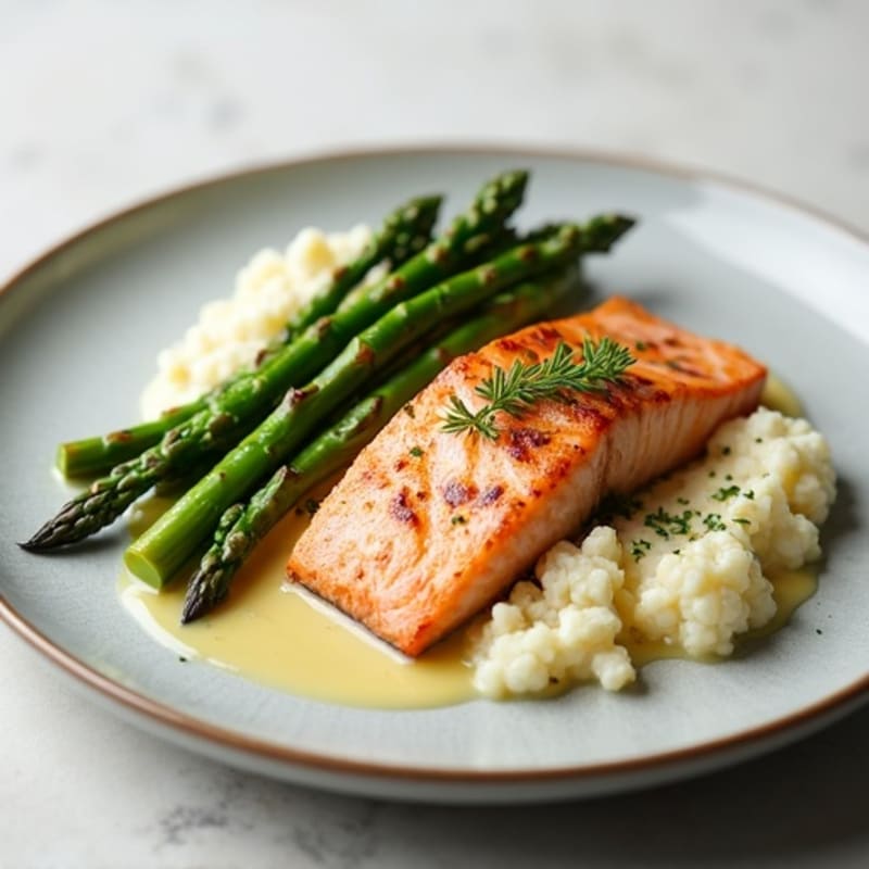 Seared Salmon with Steamed Asparagus and Cauliflower Mash