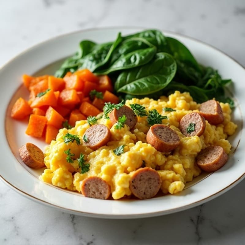 Egg White and Turkey Sausage Scramble with Spinach and Sweet Potato